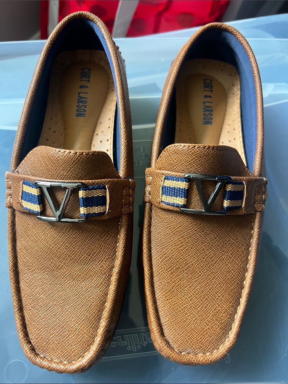 Boys' Brown Dress Loafers with Navy Stripe Accent